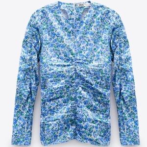 Zara blue floral puff rouged long sleep top SMALL